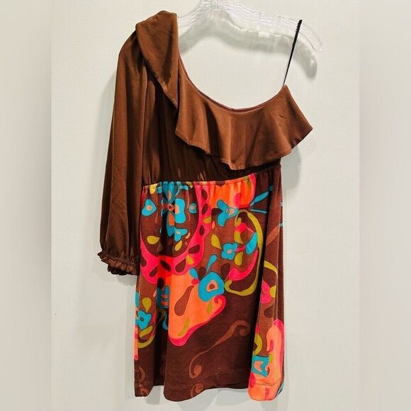 Judith‎ March Ruffle One Shoulder Mini Dress Women's Large Brown Retro Boho NWT - Picture 1 of 5